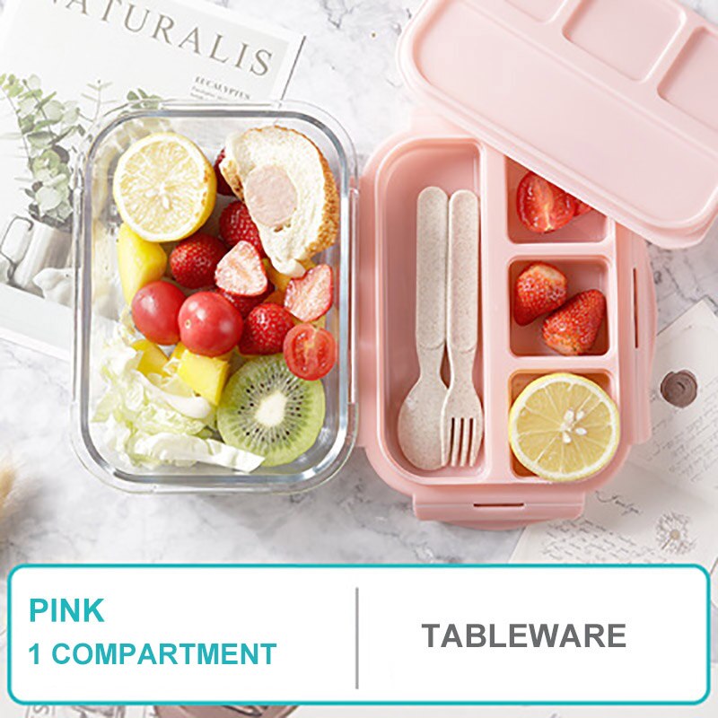 ONEUP Lunch Box For Kids Glass Microwave Bento Box Food Container With Compartment Storage School Leakproof Kitchen Comida: Pink 1 compartment / 1000ml