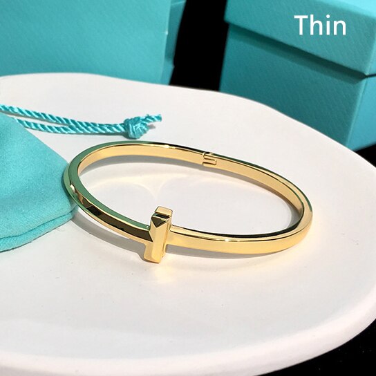 Brazalete de acero inoxidable versión Delgada y gruesa T 1, reflejo de espejo, Color oro rosa, pulseras abiertas para mujer, joyería LB017: Gold color-Thin