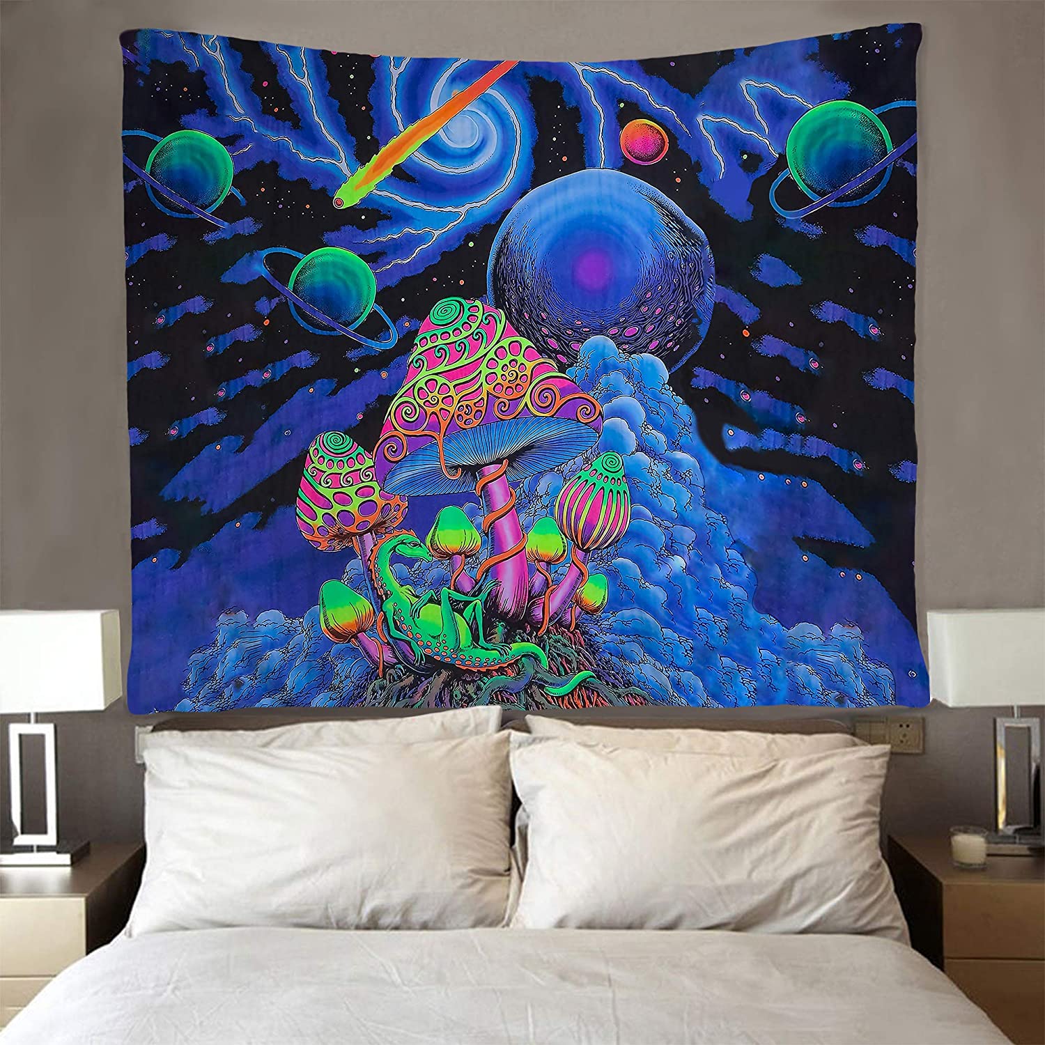 Psychedelic Mushroom Tapestry Nebula Galaxy Meteor Planets Sky Wall Hanging