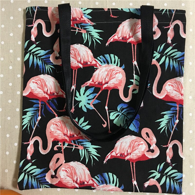 YILE Cotton Canvas Eco Shopping Tote Shoulder Bag Flamingo Green Leaf Black Polyester Strap L18 f