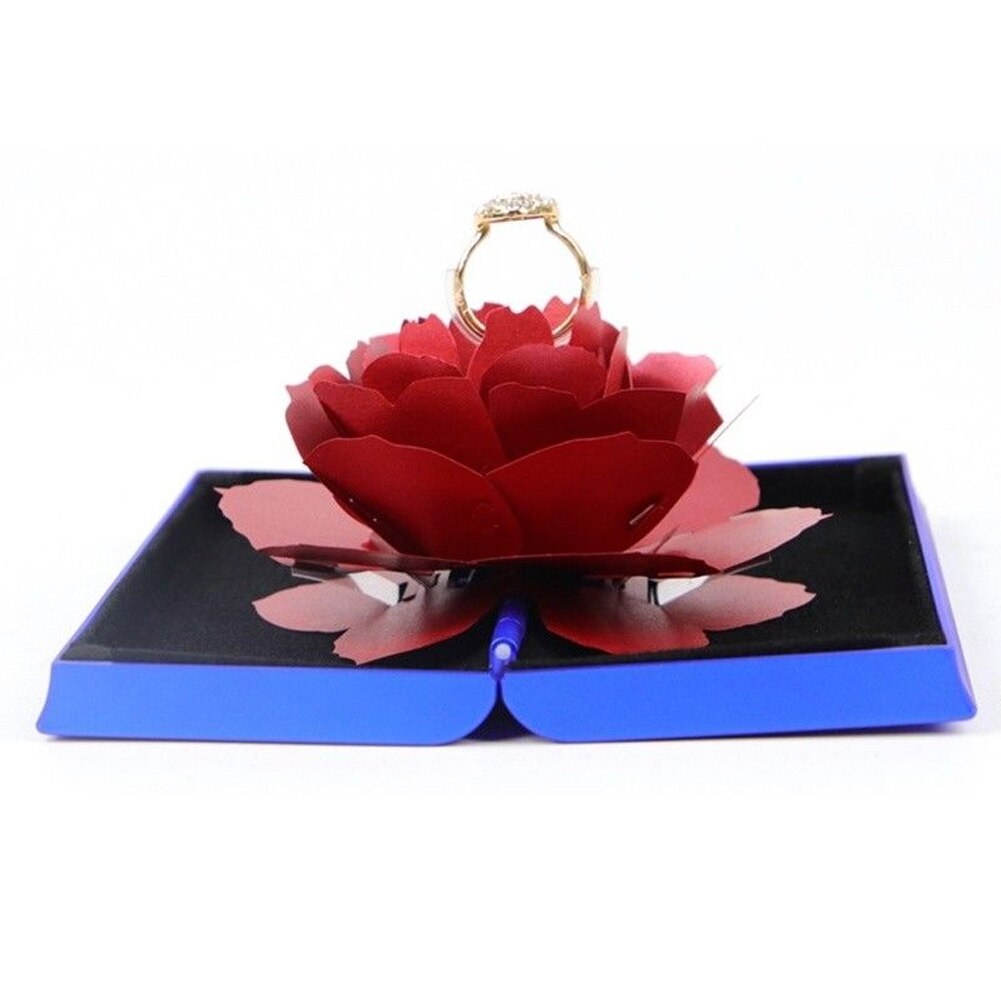 Ringe æske bryllup forlovelsesring rose blomsteræsker 3d vintage til smykker display opbevaring holder: Blå