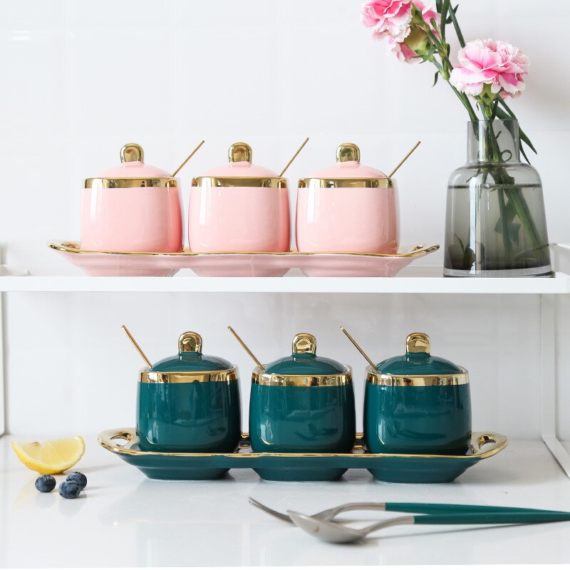 Ceramic Condiment Spice Jars Set Bottle Luxury Golden Salt Sugar Tea Container Storage Jar Household Cooking Kitchen Tool