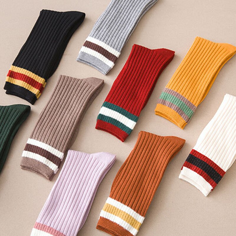 Women Mid Tube Stockings College Style Solid Stripes Socks Breathable Long Socks Bright Color School Style Slender Leg Socks