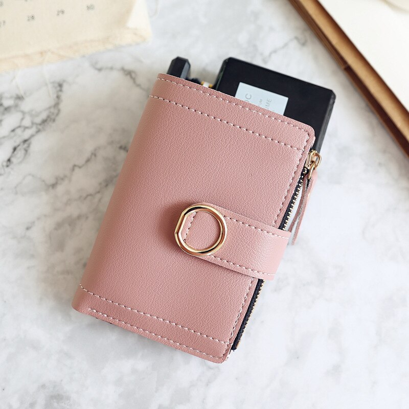 Wallet Leather Women Wallet Long Pu Leather Purse Zipper Metal Circle Decor Wallets Female Hasp Coin Purse Clutch Black: Short-DarkPink