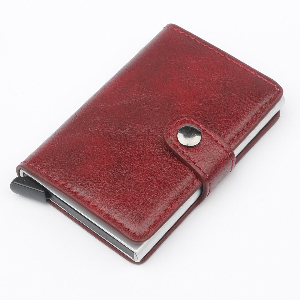 Hasp Men Credit Card Holder RFID Blocking PU Leather Automatic Business ID Card Holder Aluminum Metal Wallet Purse for Cards: wine red