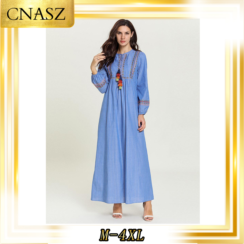 Abaya Turkish Kaftan Gown Simple Autumn Blue Striped Embroidered Casual Arabian Musulmane Femme Dress