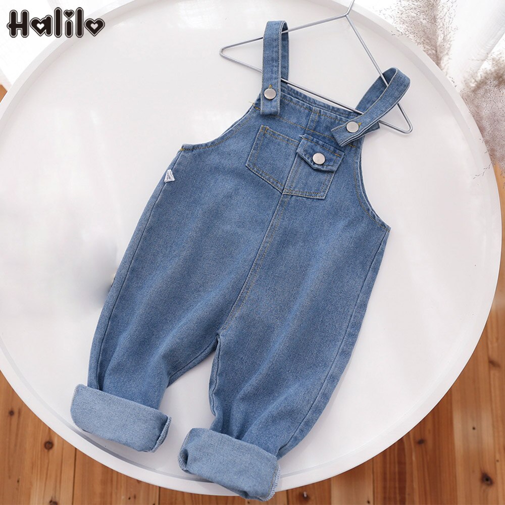 Halilo kinderoveralls blauw effen denim unisex babymeisjesjongens jumpsuit casual lente peuter jumpsuit verjaardagskleding