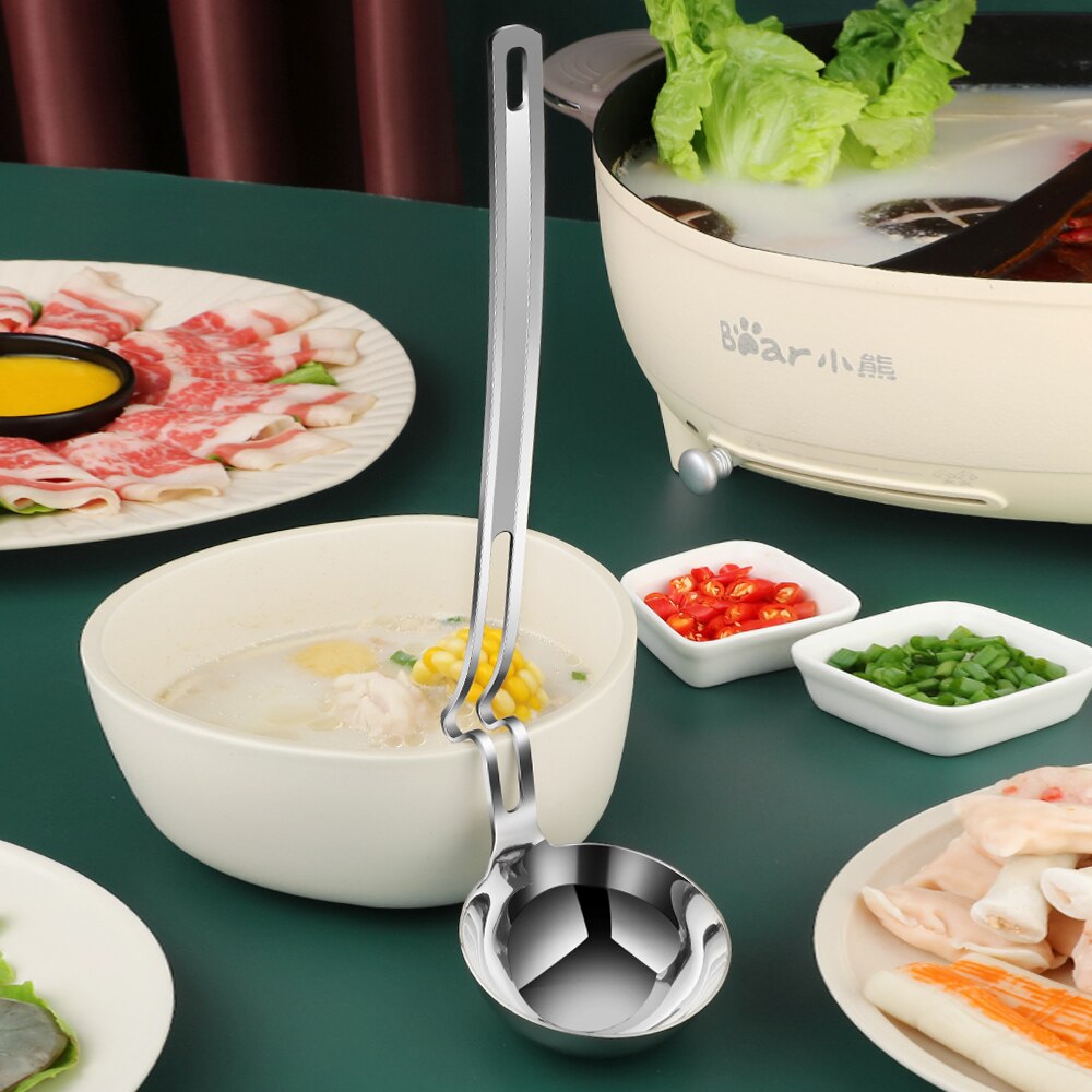 Stainless Steel Hanging Ladle with Unique Curved Handles pot soup spoon thickening Side Rest Ladle 13 inches