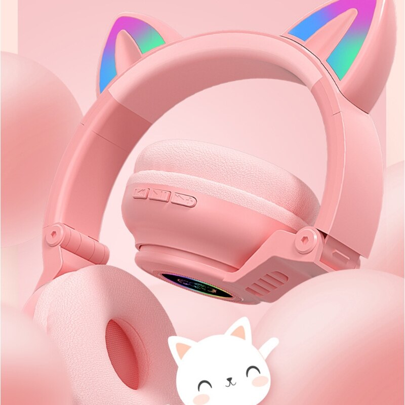 Bluetooth Headphones Cat Ear LED Light Up Wireless Foldable Headphones Over Ear Volume Control for Smartphones Laptop PC