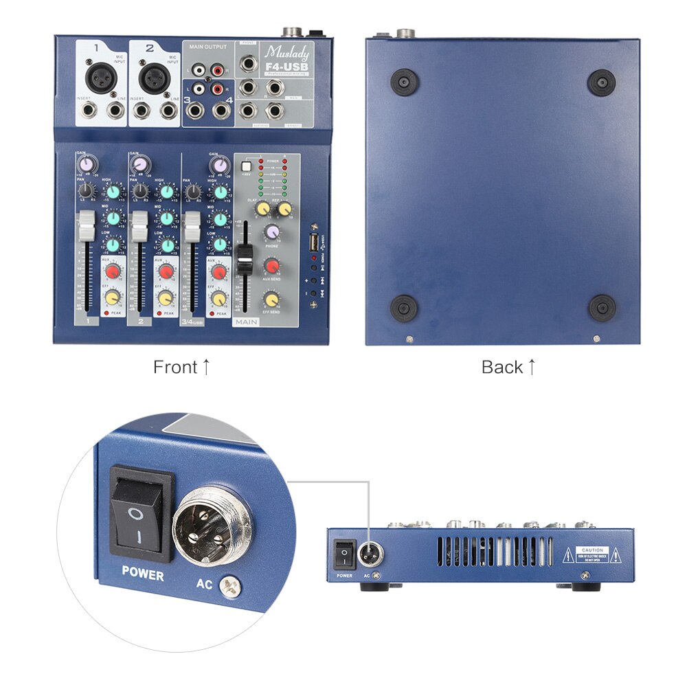 Muslady F4 Professionelle Metall 4 Kanal Live Mixing Konsole 3-Band EQ USB Funktion 48V Phantom mit bulit-in Wirkung