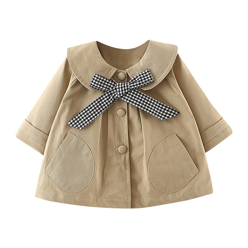Chaqueta de abrigo para bebés y niñas, abrigo liso con cuello de muñeca a cuadros, abrigos a prueba de viento, prendas de vestir, ropa Casual, cazadora para Otoño e Invierno: Khaki / 12