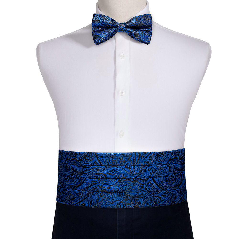 Navy Blue Cummerbund Men Silk Bowtie Pocket Square Cufflinks Sets Classic Paisley Male Accessories Wedding Party Barry.Wang 1031