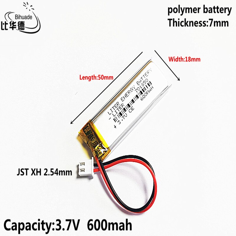 Jst  xh 2.54mm 3.7v 600 mah 701850 lithium-polymer-lipo-akku für  mp3 kopfhörer, ohrpolster, dvd-player, bluetooth-kamera