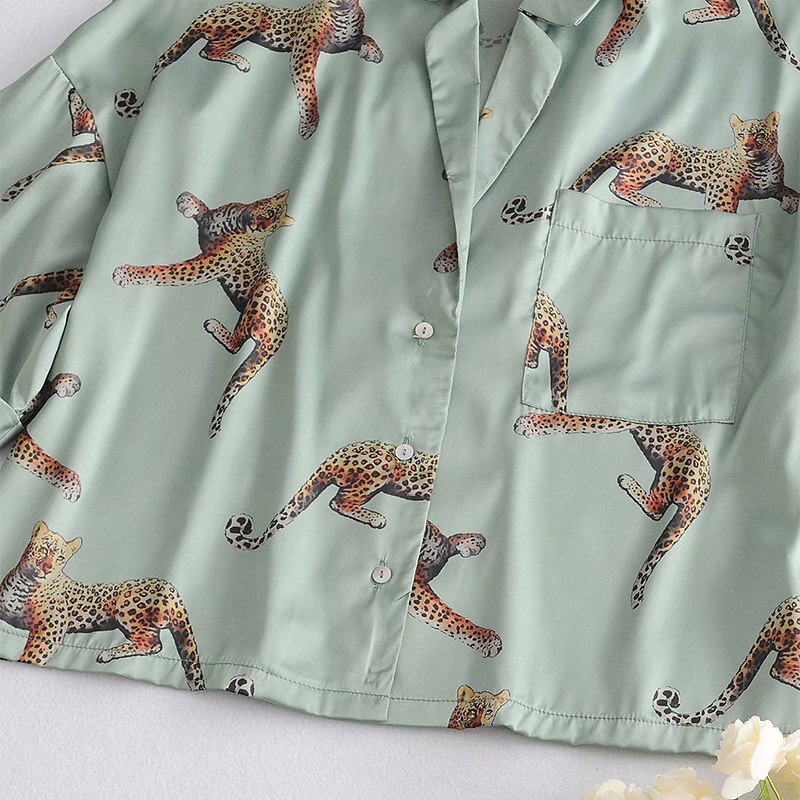 Women Animal Leopard Satin Pajama Suits Short Sleeve Shirt Tops Elastic Waist Wide Leg Shorts Set Female Summer Casual Homewear