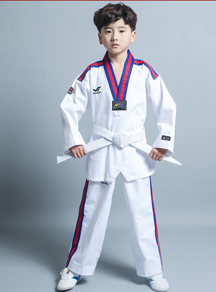 Taekwondo tøj efterår og vinter wtf doboks børn voksen træning uniform 100%  bomuld behagelig blå rød striber krave