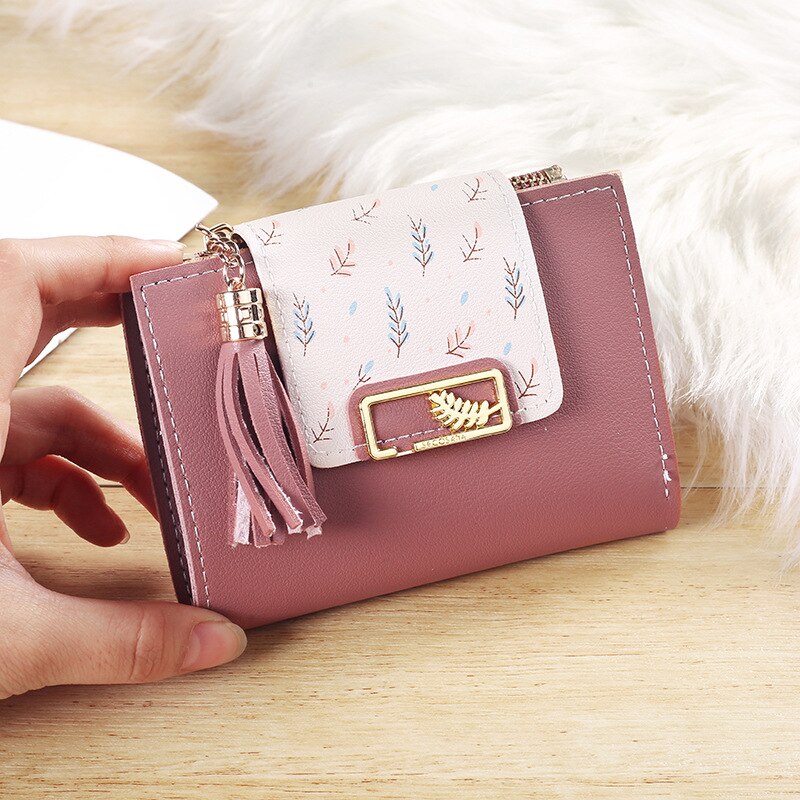 Kwasten Korte Portemonnee Tas Voor Vrouwen Pu Lederen Clutch Tassen Leuke Koreaanse Kaarthouder Vrouwelijke Vouwen Kleine Portemonnee bolsas: dark pink