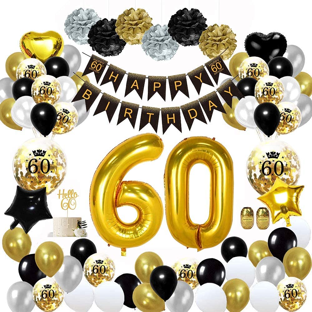 Decoraciones de 60 cumpleaños para hombres y mujeres, globos de 60 cumpleaños de oro negro, pompones de papel, confeti, globo impreso de feliz cumpleaños