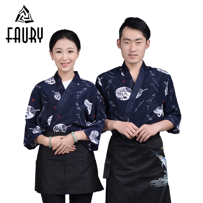 Unisex Japanese Style Food Service Sushi Chef Jacket Kitchen Work Wear Uniform Print Cook Tops Oblique Collar Breathable Kimono