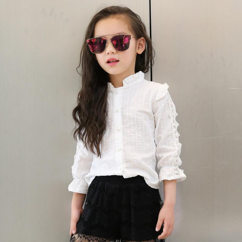 Girls White Blouse Spring Summer Toddler Teenager Lace School Girls Tops Shirt Long Sleeve Children Clothing 6 8 10 12 JW2115: 4T