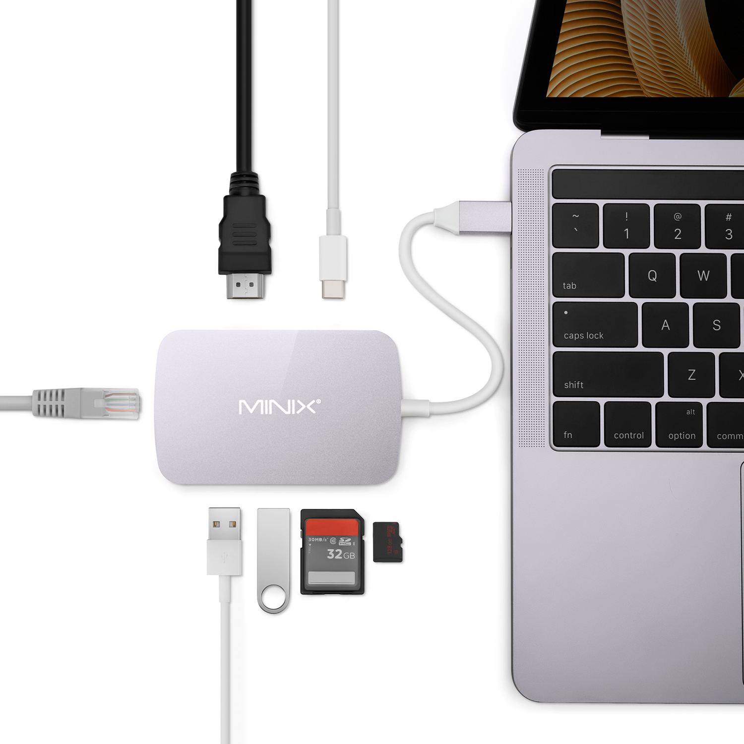MINIX USB-C Hub kleine Type-c dockingstation met VGA/HDMI/USB 3.0/Type-c voor opladen/kaartlezer, internet NIC