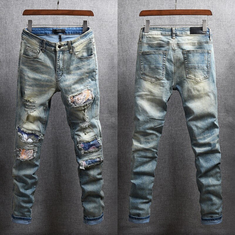 High Street Amiri Elastische Slim Fit Kleine Been Jeans Modieuze Mannen Gedragen Zware Schade Patch Beggars' Broek