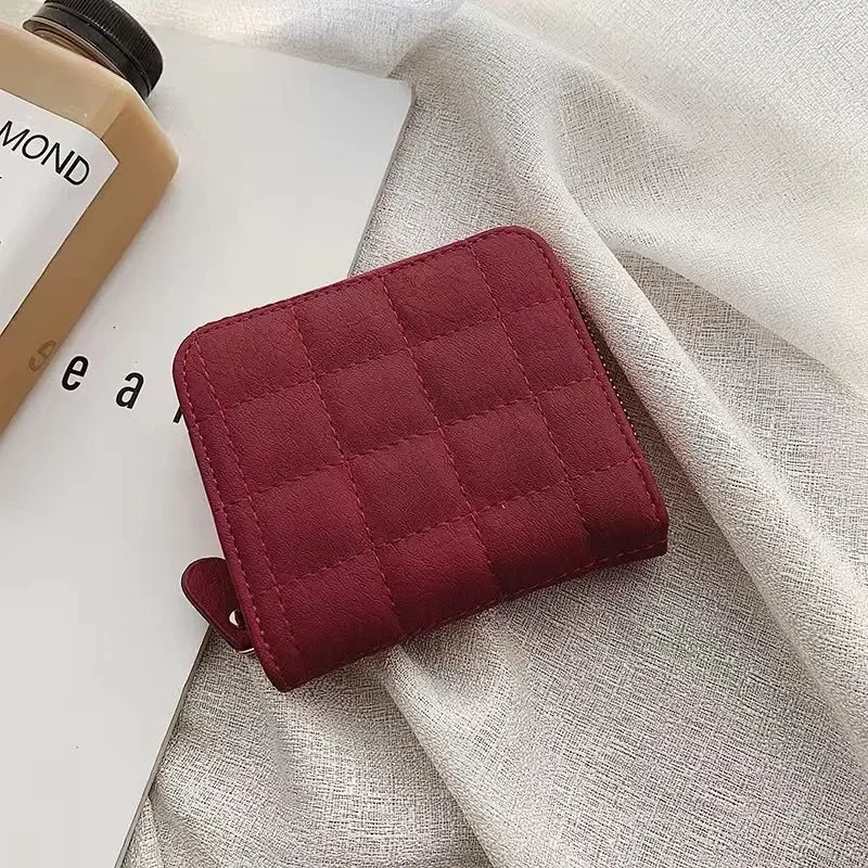 Women Short Wallets PU Leather Female Plaid Purses Nubuck Card Holder Wallet Student Small Zipper Woman Wallet Coin Purse: Red