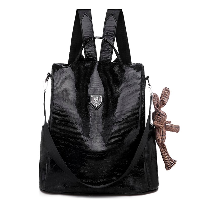 2022 Casual Vrouwen Rugzakken Pu Lederen Anti-Diefstal Zwarte Rugzak Meisjes School Schoudertas Met Beer Zwart Zilver: Black with pendant