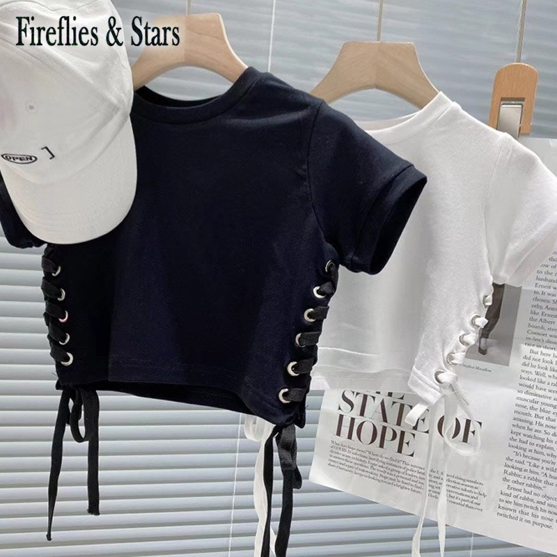Sommer piger t-shirt baby t-shirt børn crop top børn streetwear tøj solid side nitte crop snøring 4 to 13 år
