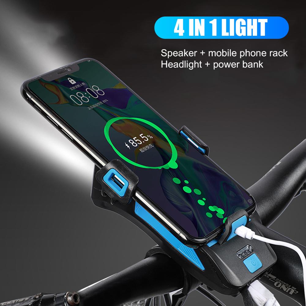 Multifunctionele 4 In 1 Fiets Licht 400 Lumen Fiets Zaklamp Fiets Hoorn Telefoon Houder Power Bank Fiets Front Light