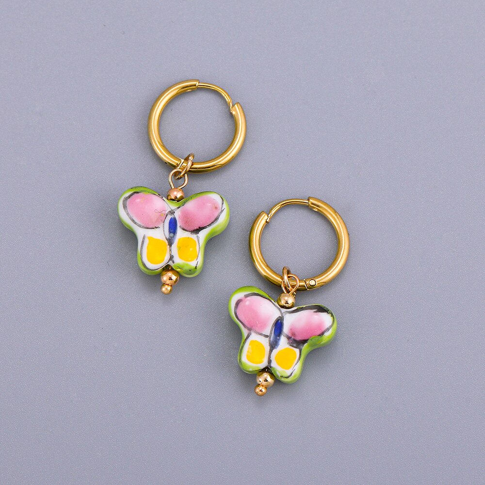 Cuentas de cerámica pintadas con mariposas para mujer, aros de acero inoxidable, círculo pequeño, pendientes encantadores, joyería para 2022: Default Title