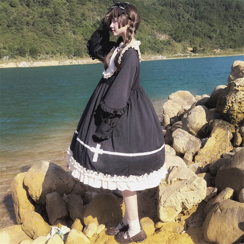 Lolita robe Style japonais doux Kawaii filles croix gothique dentelle cour princesse Cosplay Halloween fête femmes victorienne
