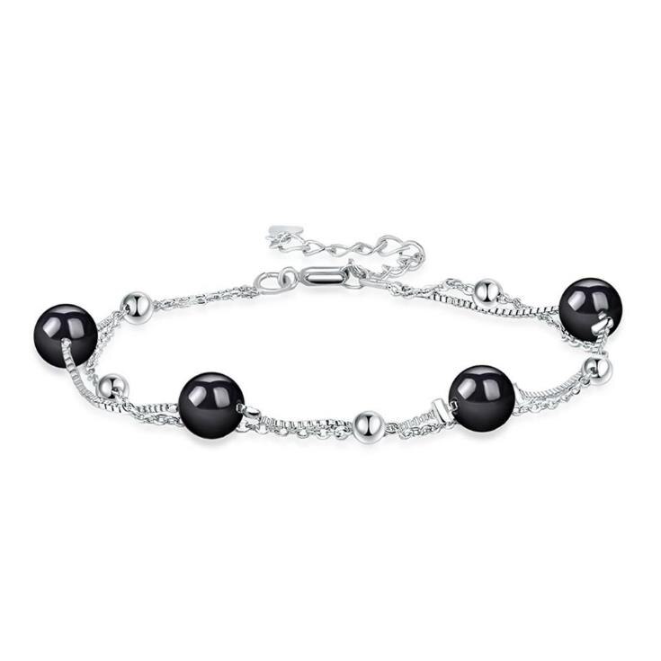 925 Sterling Silver Personality Black Bead Chain Bracelets For Women Lady All Match Daily Party AY976: silver