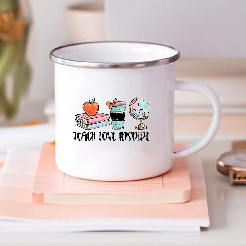 Teacher Love Inspire-Tazas de esmalte estampadas, vaso de vidrio para café, té, bebidas, leche, tazas escolares con asa, para profesores