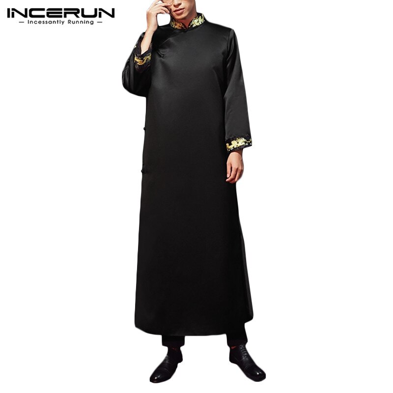 INCERUN Chinese Style Men Robes Printed Stand Collar Traditional Long Sleeve Men Long Gowns Button Vintage Cheongsam Plus Size