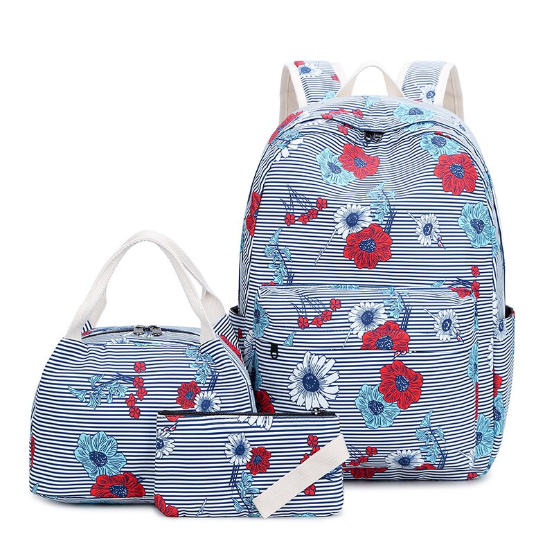 Fengdong 3 pièces/ensemble sacs d'école pour filles fleur sac à dos ensemble femmes sac à dos à fleurs fille livre sac enfants stylo crayon sac ensemble: blue