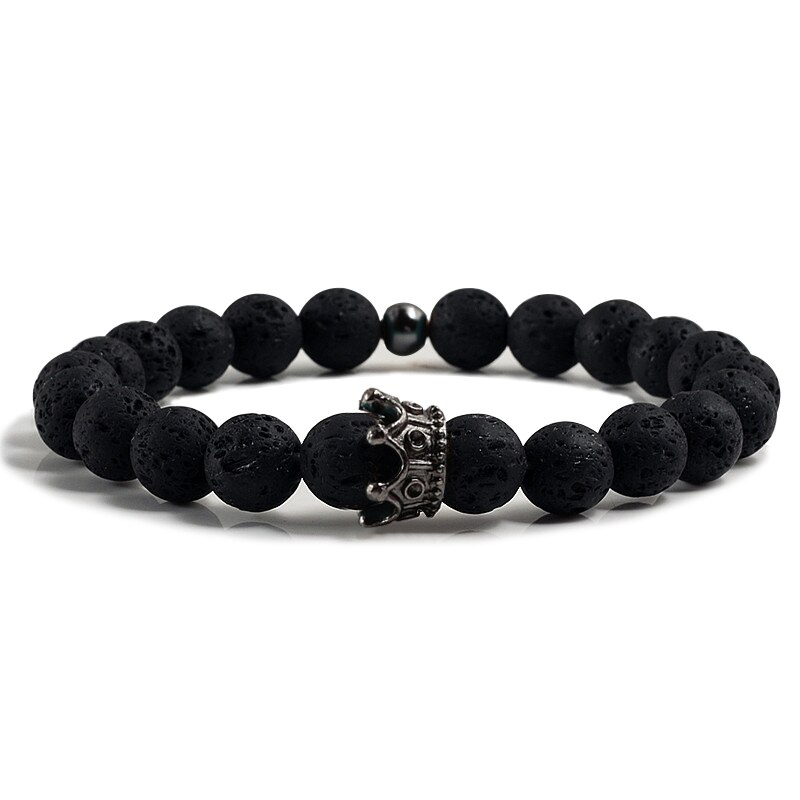 Heiße Neue Charme Krone Männer Armreifen Natürliche Stein Weiß Porzellan Perlen Armbänder Hand Zubehör Für Frauen Elastische Seil Hand Kette: vulkanisch Stein3