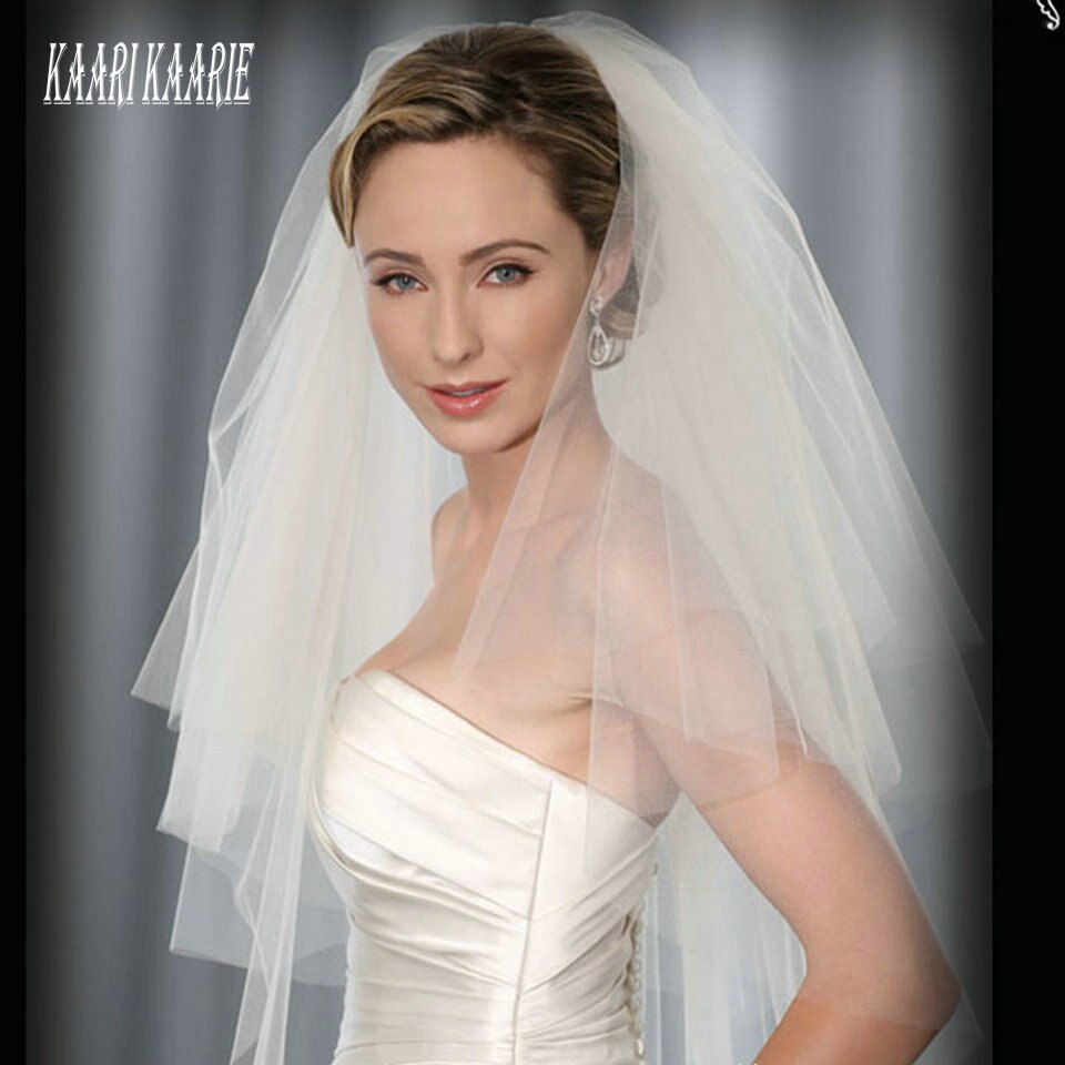 Velo blanco para mujer, velo corto de novia para boda, velos de dos capas con peine, velo para boda marfil barato , accesorios de tul para