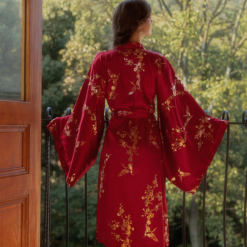 Bata Kimono Burdeos de lujo para mujer, albornoz Sexy con flor bronceadora, ropa de dormir , camisón para novia y boda