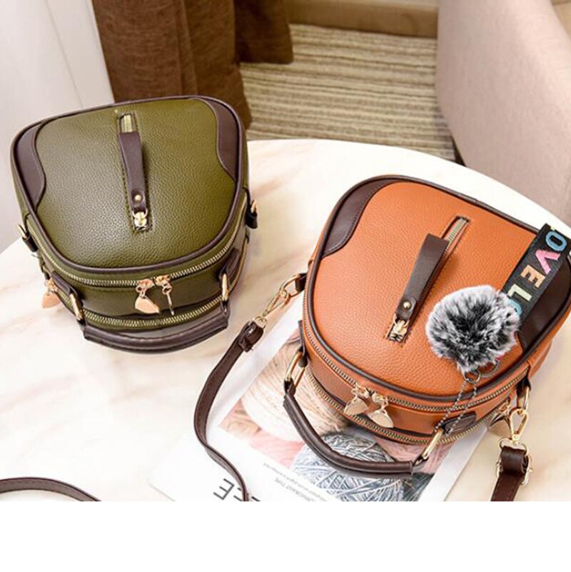 Mode Effen Kleur Vrouwen Shell Tas Draagbare Schoudertas Mode Pu Lederen Elegante Vrouwelijke Tas Met Grijs Haar Bal