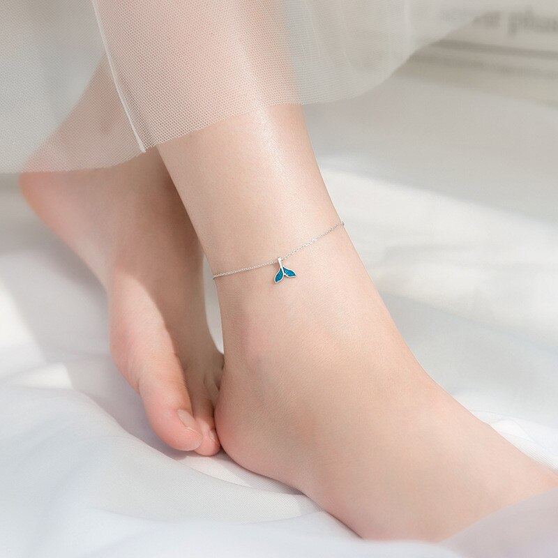 DAIWUJAN Real 925 Sterling Silver Smart Blue Mermaid Tail Pendant Anklets For Women Silm Chain Feet Beach Fine Jewelry