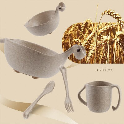 Ideacherry 5 stks/set Kinderen Baby Bamboe Servies Voeden Dinosaurus Gerechten Zuigeling Kom Plaat Kop Lepel Vork Servies voor: Beige