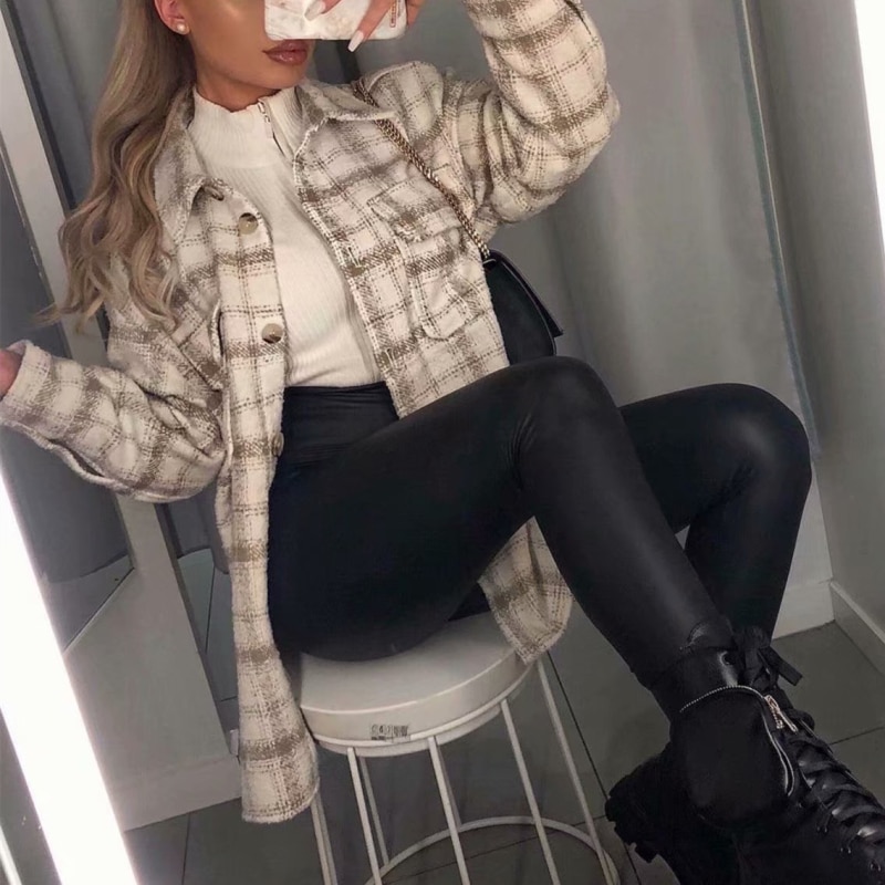 Puwd vintage dames losse kameel old school geruite overhemd dames herfst oversized bovenkleding vrouwelijke casual zak jassen