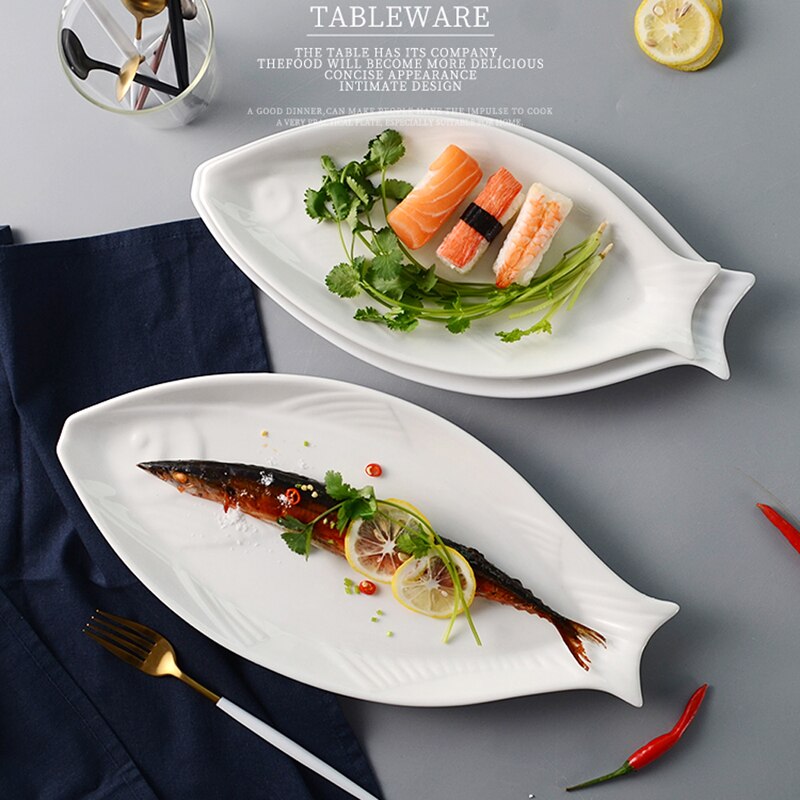 Pure white ceramic fish plate, fish-shaped plate, deep dish, household large dish plate, fish plate, tableware, restaurant, Japa