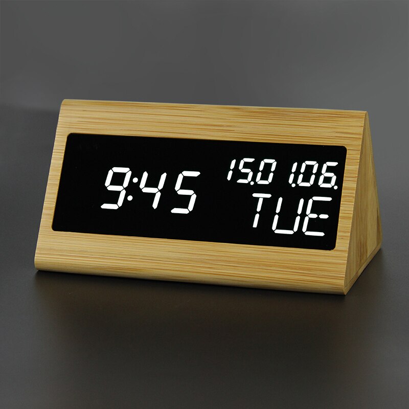 100% Bamboo Digital Alarm Clock Wooden LED Table Clock Electronic Despertador Desk Brightness Voice Snooze Control Temperature: 89-White