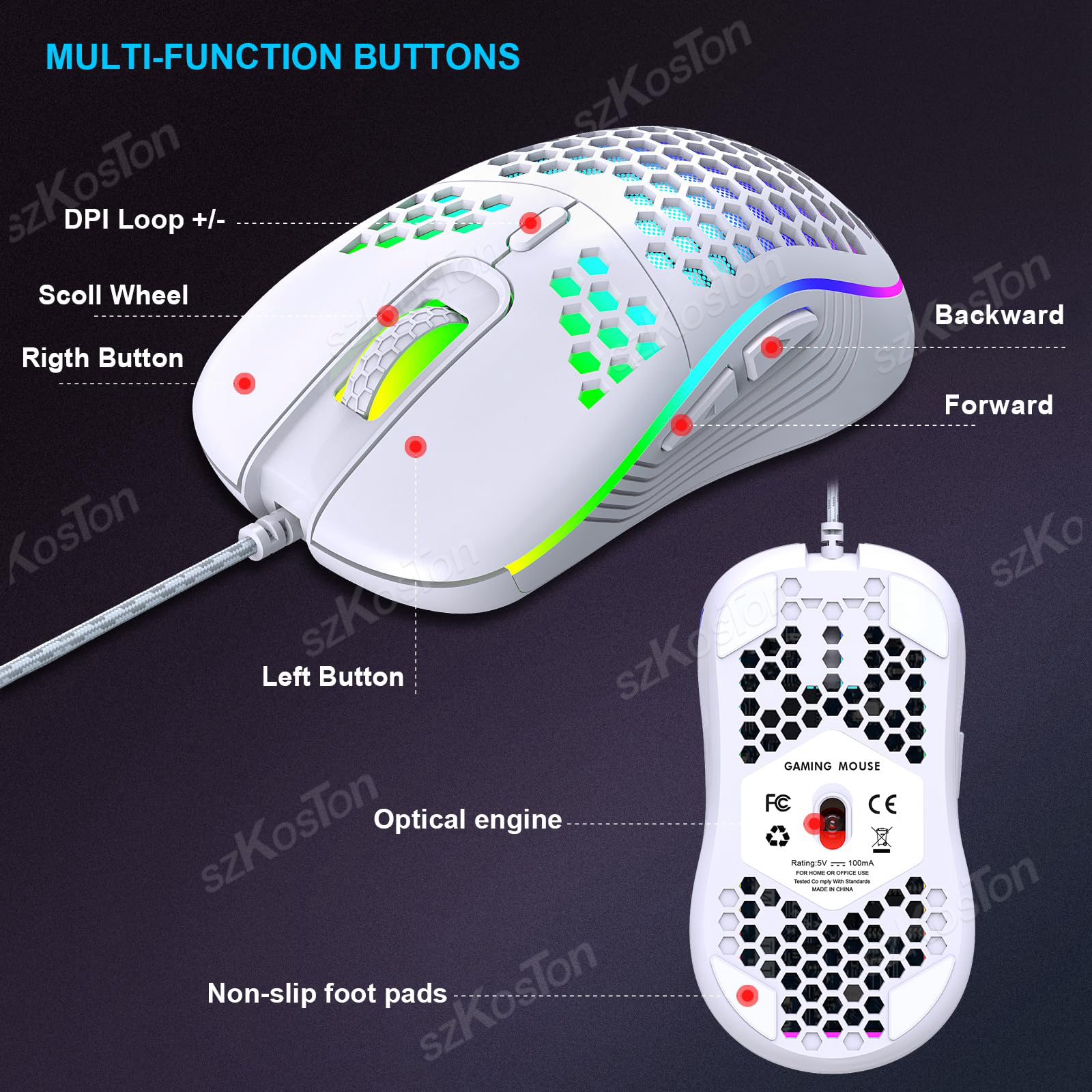 RGB Wired Gaming Mouse Ergonomic Mouses 6Levels Adjustable 7200DPI with Backlight for Office Computer PC Gamer