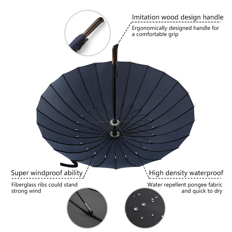 Parapluie en bois pour hommes et femmes, 24K, bonne , coupe-vent avec poignée en fibre de verre, pour Business, multi-os, modèle