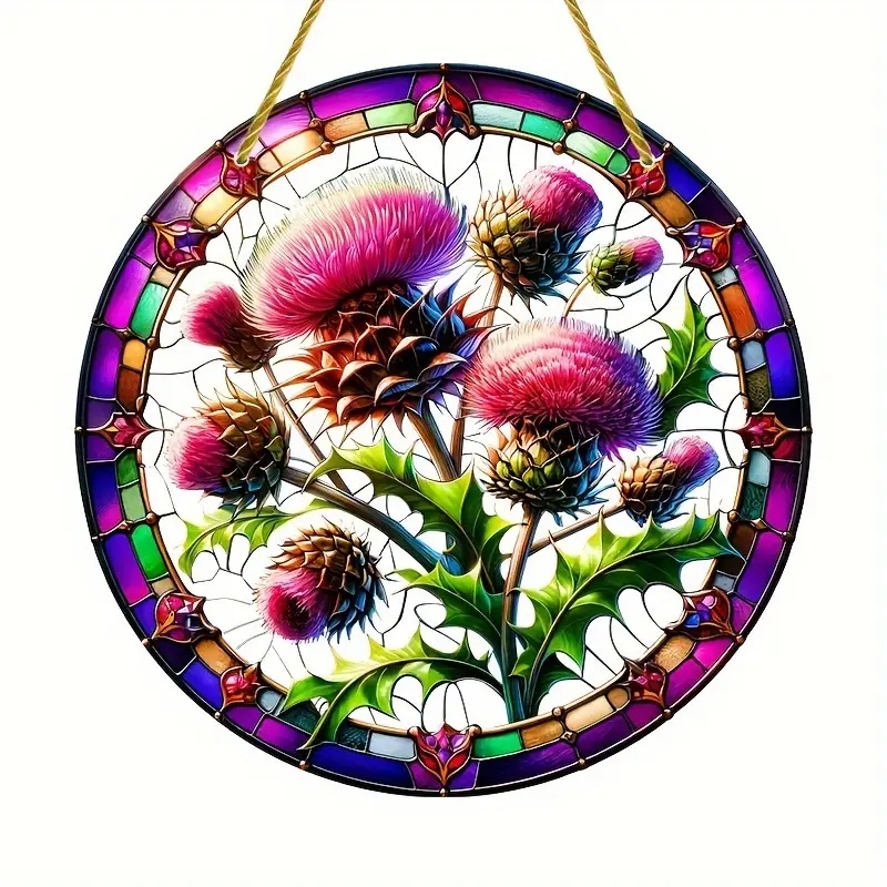 Encantador atrapasol de cardo escocés en ventana redonda pintada translúcida colgante para el hogar, porche, granja, decoración de Patio: 20 x 30 cm / Rosa dorada