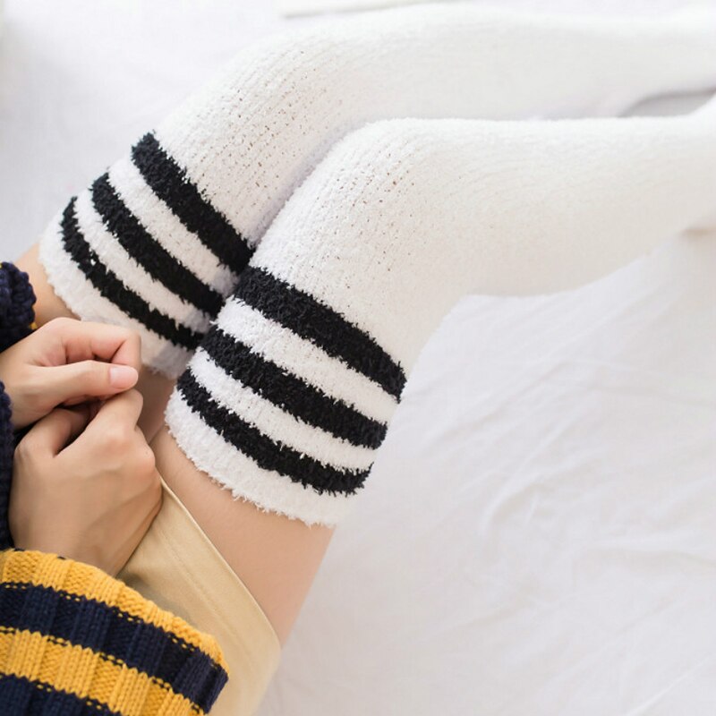 Women's Knee Socks Winter Coral Fleece Knee-socks Long Over Knee Cute Stockings Thick Warm Striped Socks