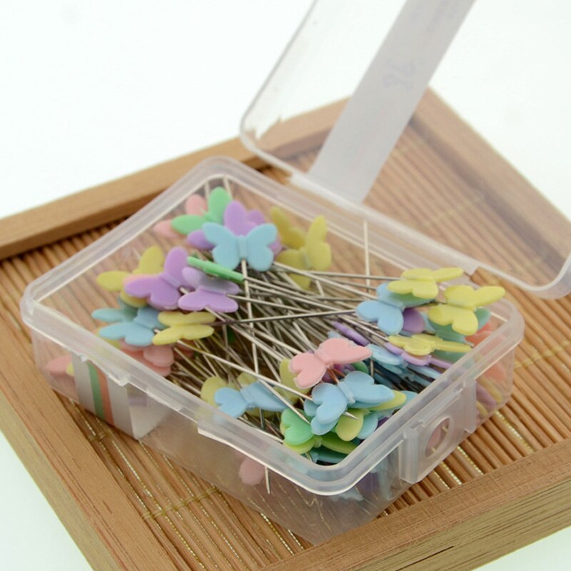 Alfileres con cabeza de botón de flor para costura, accesorios de costura con caja para diseñadores, manualidades de retales para el hogar, 100 Uds.: butterfly