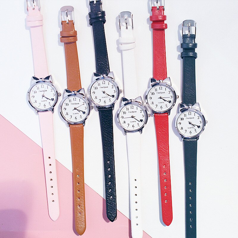 Miss chat noir montre à Quartz femmes bracelet en cuir décontracté montres filles mignon chat cadran forme rose montre-bracelet